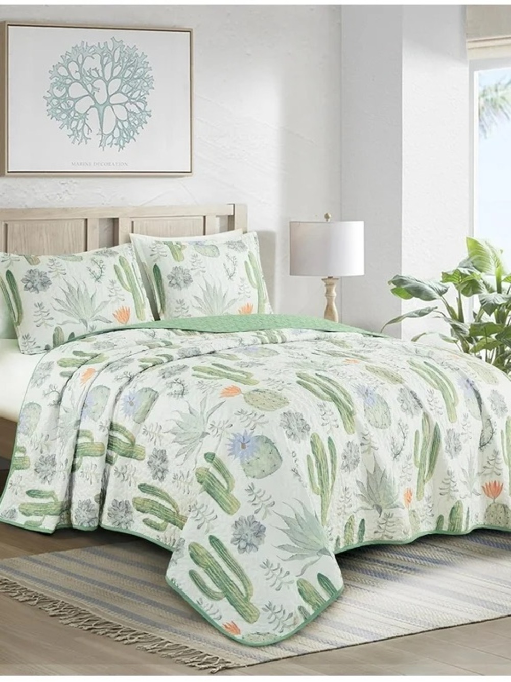 Cactus 3 piece queen Quilted Bedspread Set - Green